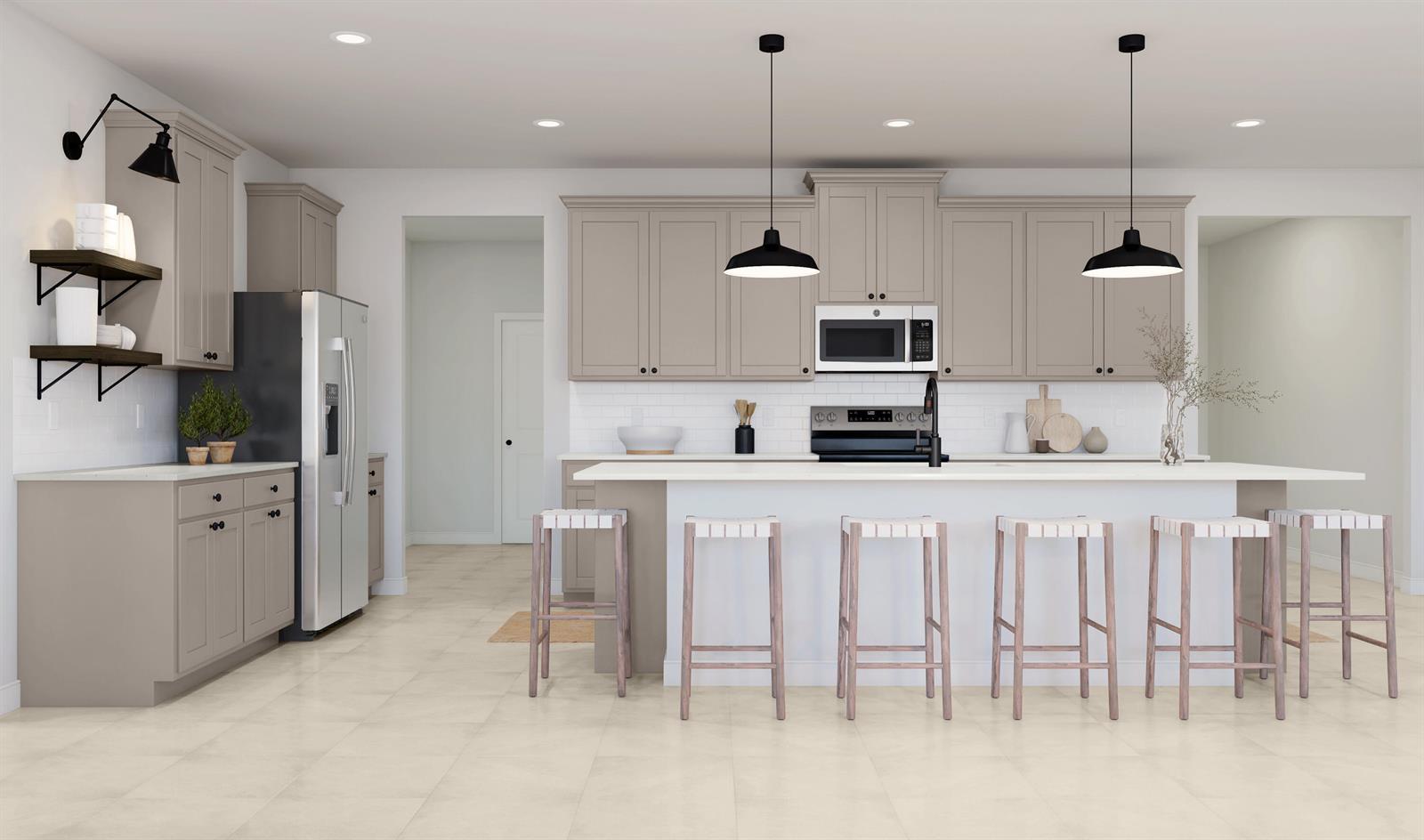 This is a rendering of a modern kitchen with light gray cabinets and a central island — 870 Eldron Boulevard SE, Palm Bay FL 32909, PALM BAY, FL