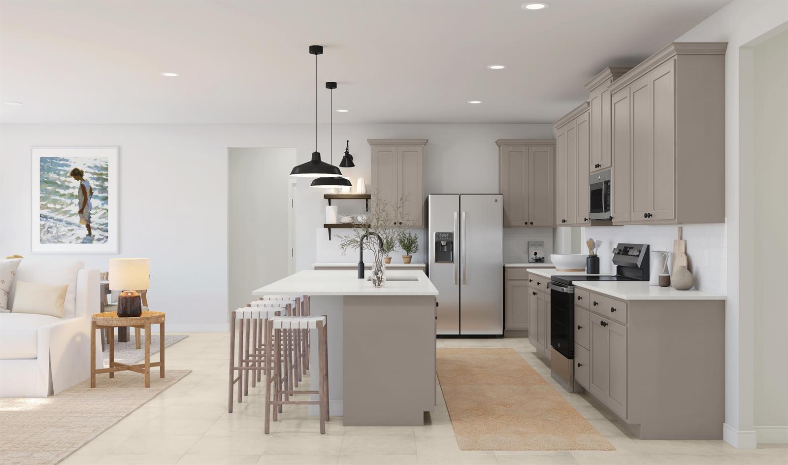 This is a rendering of a modern kitchen featuring taupe cabinets, a central island, and stools — 870 Eldron Boulevard SE, Palm Bay FL 32909, PALM BAY, FL