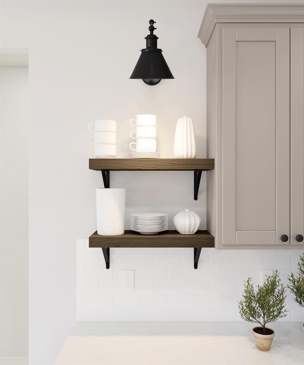 This rendering shows two wooden floating shelves with black brackets mounted on a white wall — 870 Eldron Boulevard SE, Palm Bay FL 32909, PALM BAY, FL