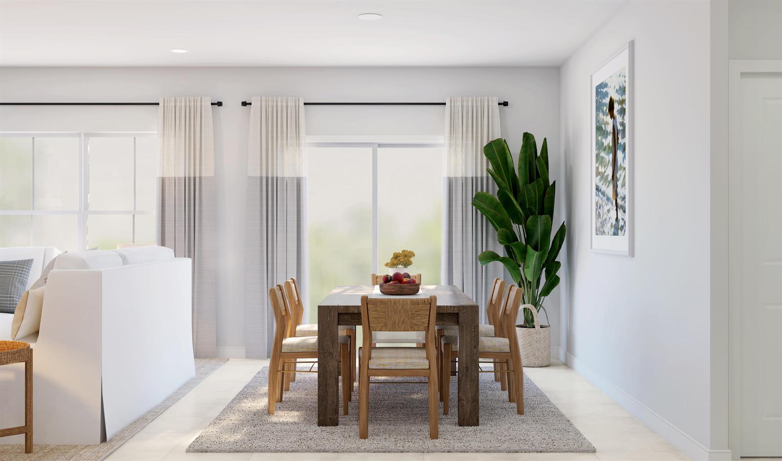 This rendering shows a dining area with a wooden table, six chairs, and a large plant — 870 Eldron Boulevard SE, Palm Bay FL 32909, PALM BAY, FL