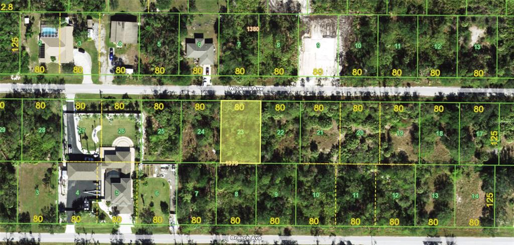 This is an aerial map showing a grid of residential land parcels — 23469 WICKENS AVENUE, PUNTA GORDA, FL