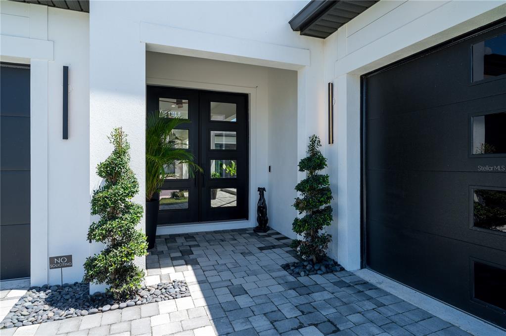 A modern home entrance features a double door, paved walkway, and two potted spiral topiaries — 32449 WETLAND BIRD VIEW, SAN ANTONIO, FL