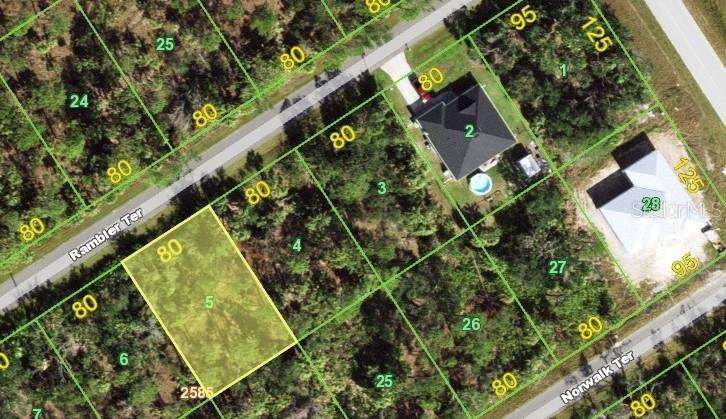 This is an aerial map showing a highlighted vacant lot among other residential properties — 1432 RAMBLER TERRACE, PORT CHARLOTTE, FL