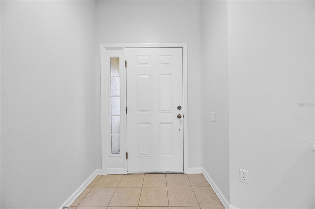 A white front door with a sidelight window opens into a tiled entryway — 4979 POND RIDGE DRIVE, RIVERVIEW, FL