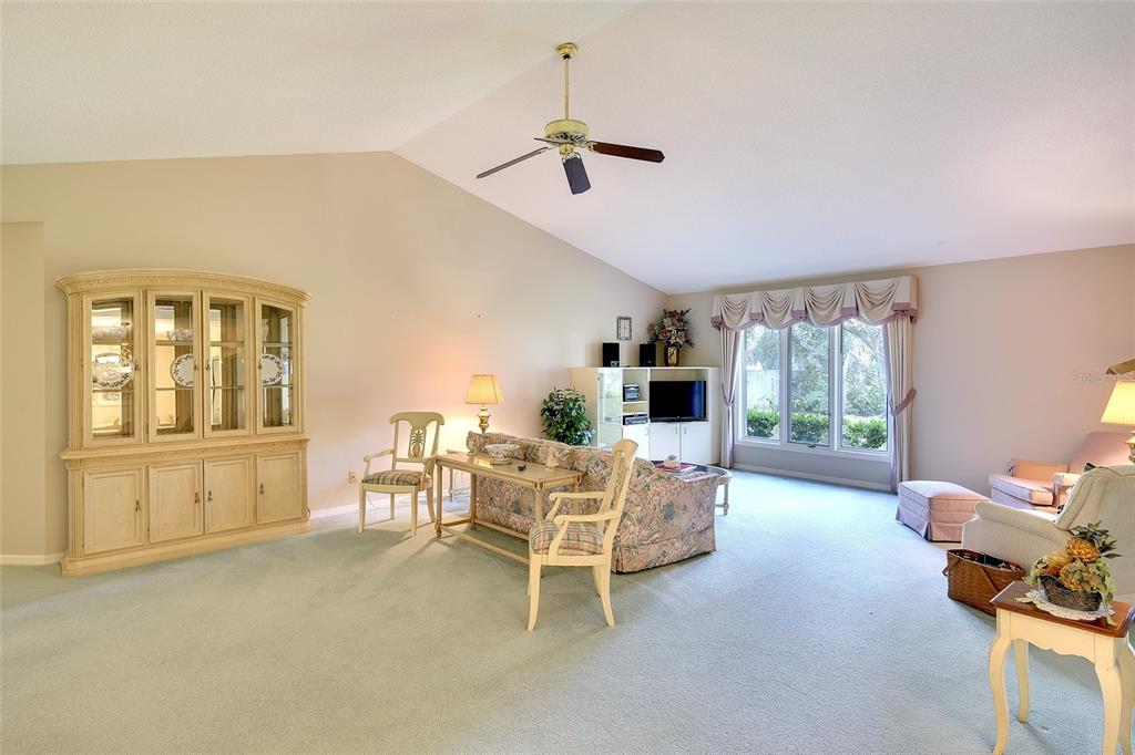 A living room with vaulted ceilings, light-colored carpet, a floral sofa, and a large hutch — 3825 WILSHIRE CIRCLE UNIT 1, SARASOTA, FL