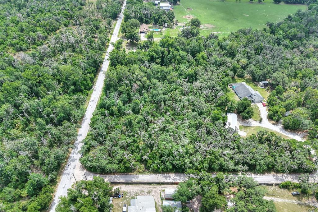 An aerial view shows a wooded lot bordered by two roads and nearby residential houses — 600 THOMPSON ROAD, LITHIA, FL
