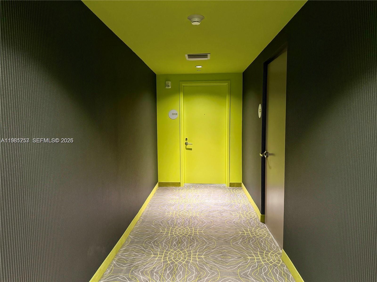 A hallway features dark textured walls, a bright green door, and patterned carpet flooring — 501 NE 31st St # 3208, Miami FL 33137, MIAMI, FL