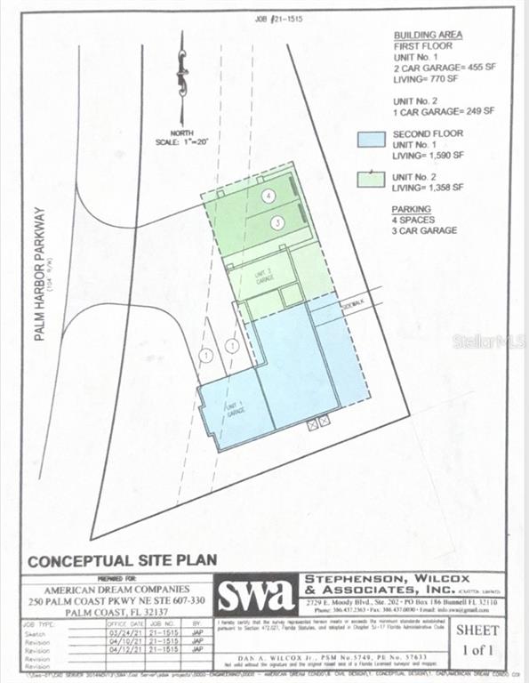 This is a conceptual site plan showing the building footprint and parking for two units — 60 PALM HARBOR PARKWAY, PALM COAST, FL