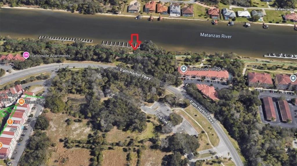 This aerial map shows a wooded waterfront lot along the Matanzas River near Palm Harbor Parkway — 60 PALM HARBOR PARKWAY, PALM COAST, FL
