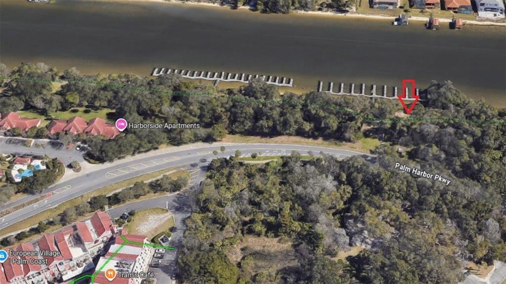 This aerial map shows a wooded waterfront area near Palm Harbor Parkway and European Village — 60 PALM HARBOR PARKWAY, PALM COAST, FL