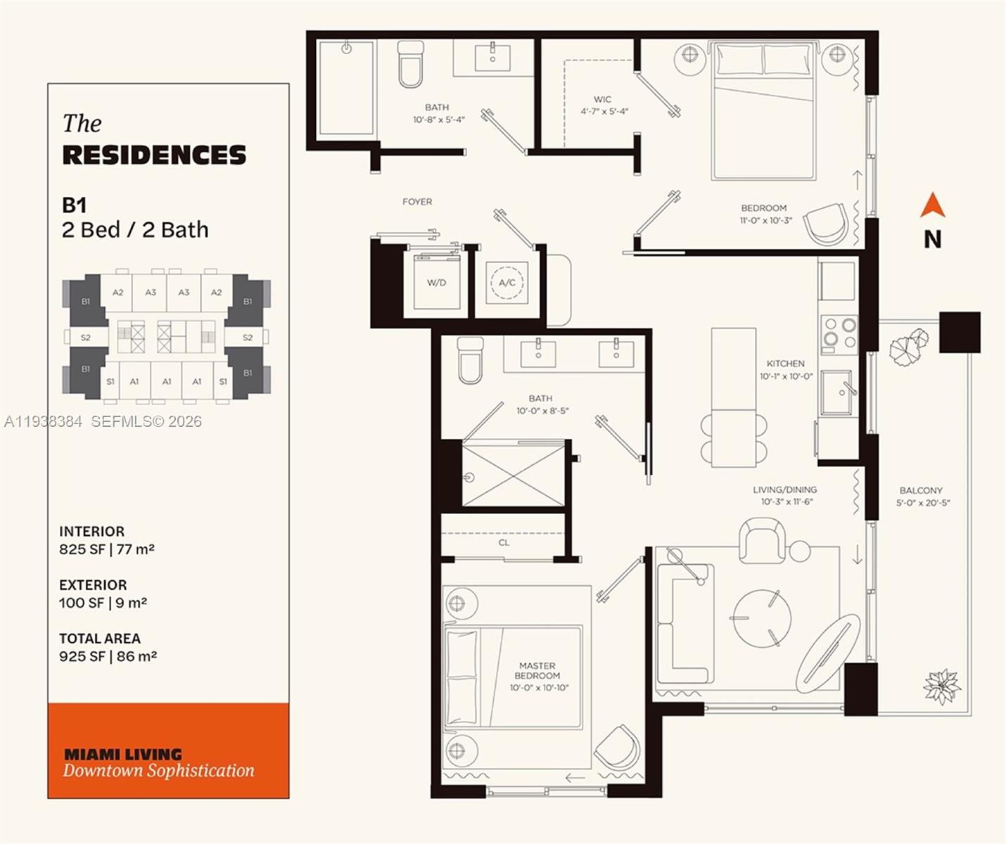 This is a floor plan for a two-bedroom, two-bathroom apartment with a balcony — 11 NE 6th Street # 1607, Miami FL 33132, MIAMI, FL