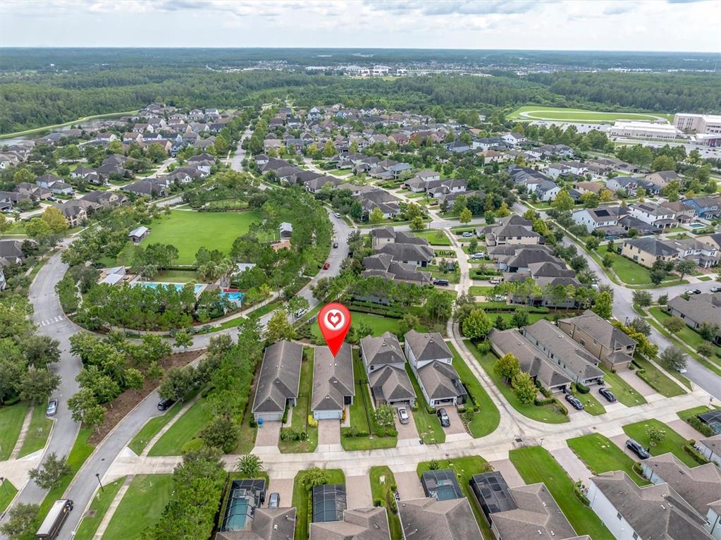 An aerial view shows a suburban neighborhood with a marked house and community pool — 3343 HEART PINE AVENUE, ODESSA, FL