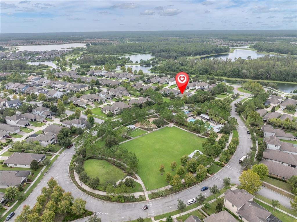 An aerial view shows a suburban neighborhood with a large central park and swimming pool — 3343 HEART PINE AVENUE, ODESSA, FL