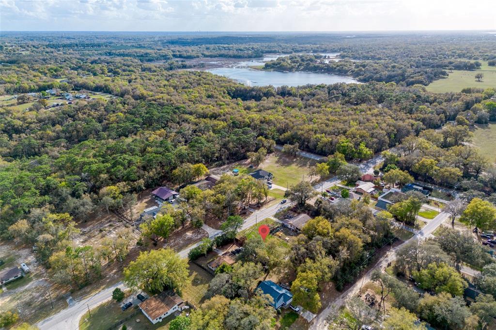 An aerial view shows a residential neighborhood with houses surrounded by trees and a lake — LAKE GRIFFIN ROAD, LADY LAKE, FL