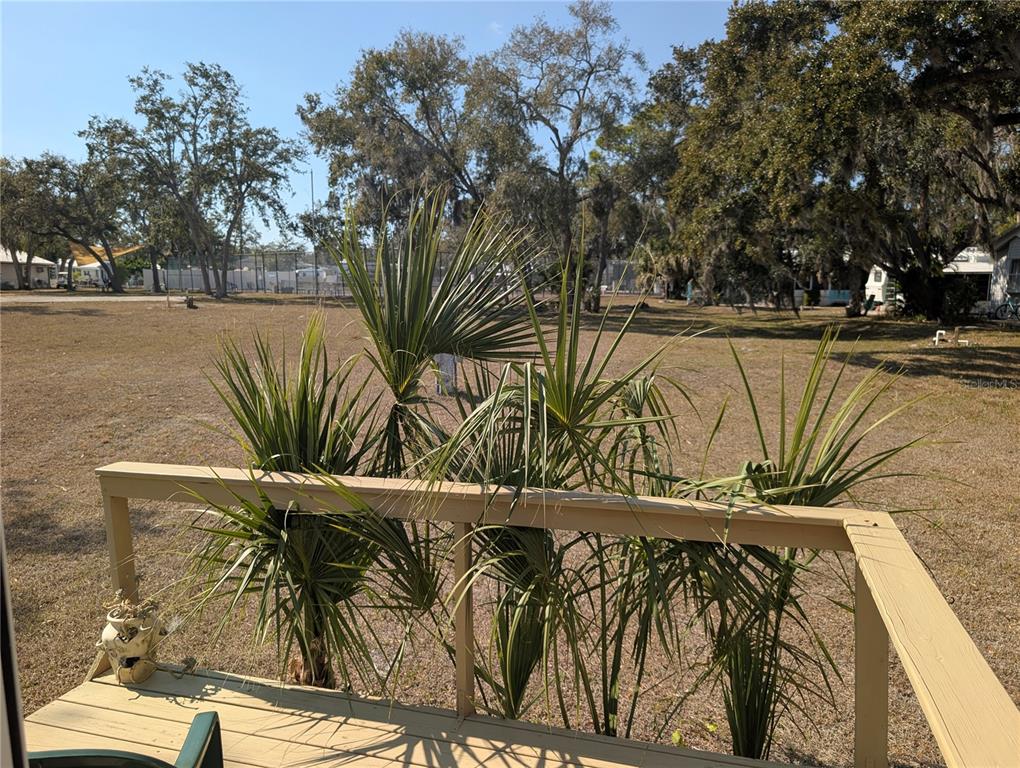 A wooden deck railing overlooks a grassy yard with palm plants and mature trees — 3300 26TH AVENUE E UNIT 31, BRADENTON, FL