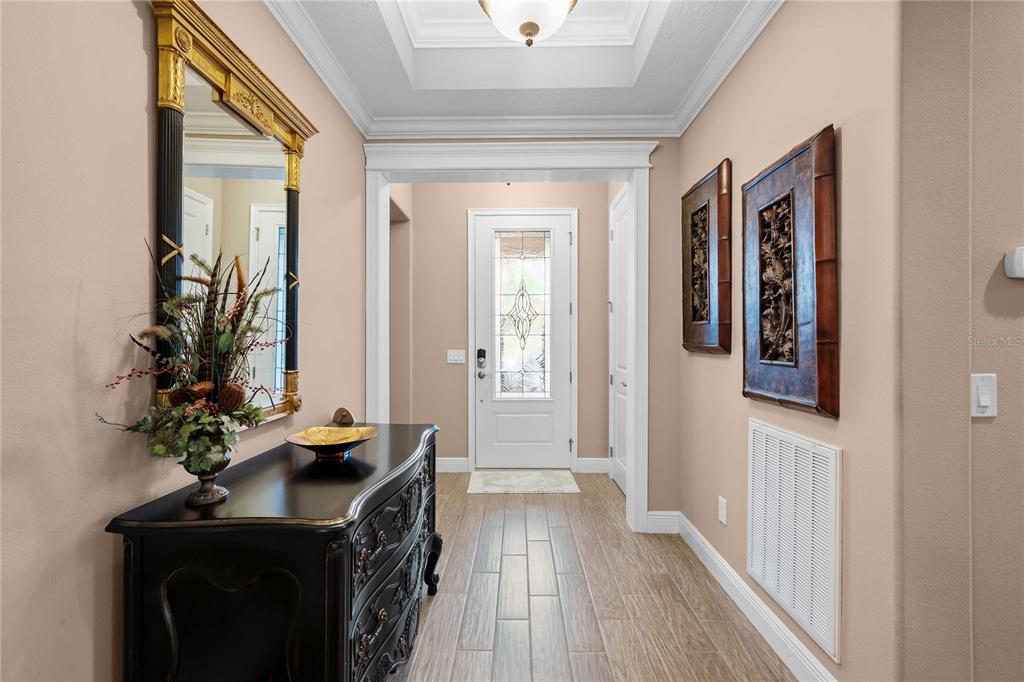 A foyer features a black dresser, a gold-framed mirror, and a white front door — 3506 NW 55TH CIRCLE, OCALA, FL
