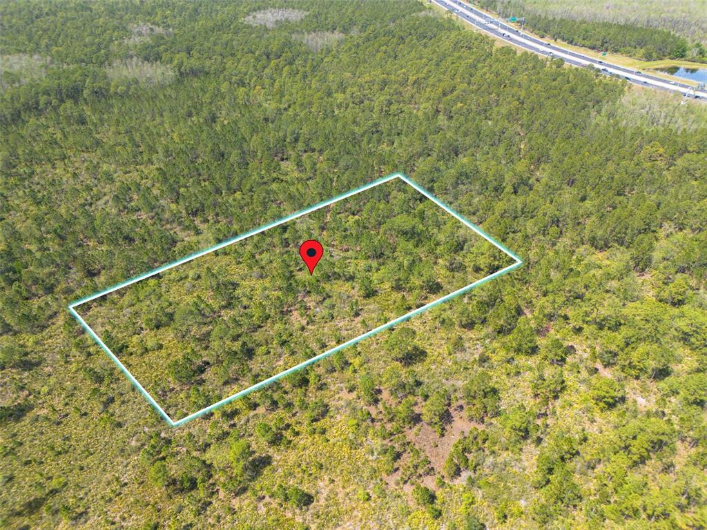 An aerial view shows a rectangular plot of land outlined in blue within a forest — SR-535, ORLANDO, FL