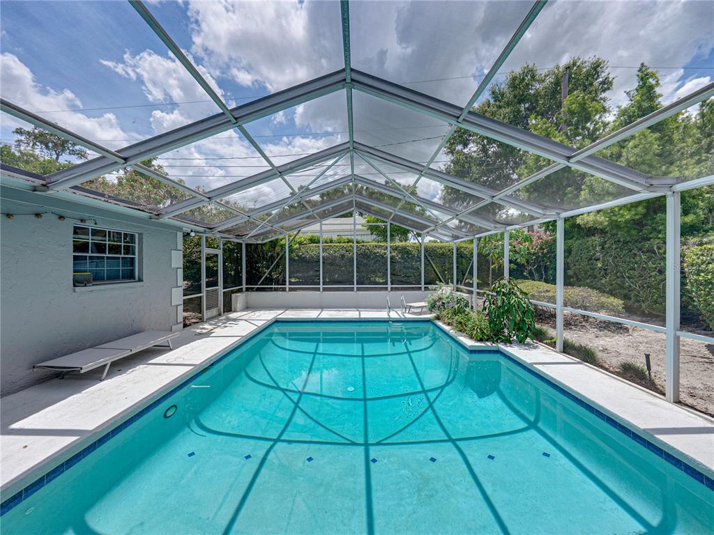 A rectangular swimming pool is enclosed by a screened-in lanai with a white metal frame — 1249 LAKE POINT DRIVE, LAKELAND, FL
