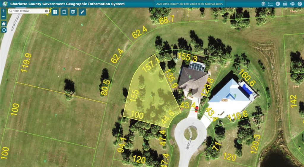 This is a GIS map showing property lines and dimensions for a residential cul-de-sac lot — 16091 CHITLAN COURT, PUNTA GORDA, FL