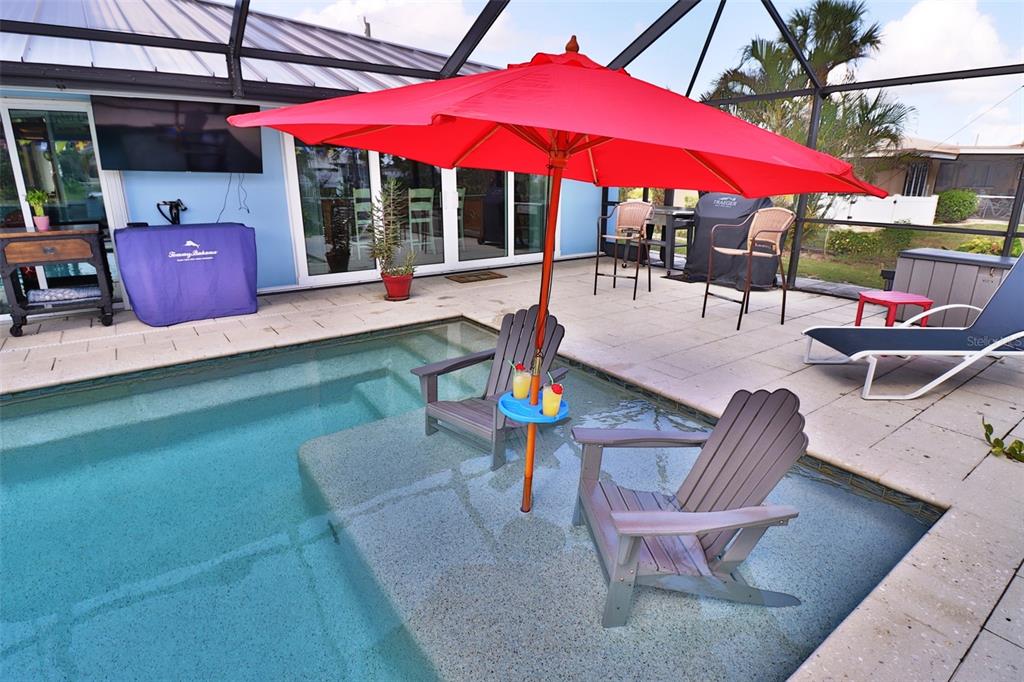 A swimming pool with a sun shelf, two chairs, and a red umbrella on a patio — 107 SINCLAIR STREET SE, PORT CHARLOTTE, FL