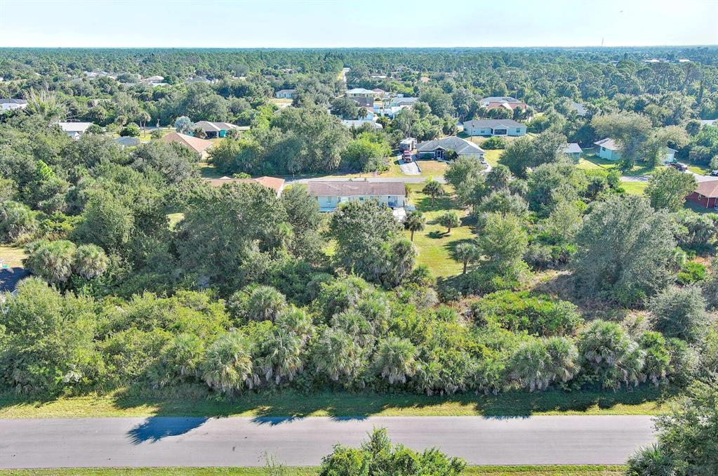 An aerial view shows a residential lot with dense vegetation and a house in Florida — 6184 LOMAX STREET, ENGLEWOOD, FL