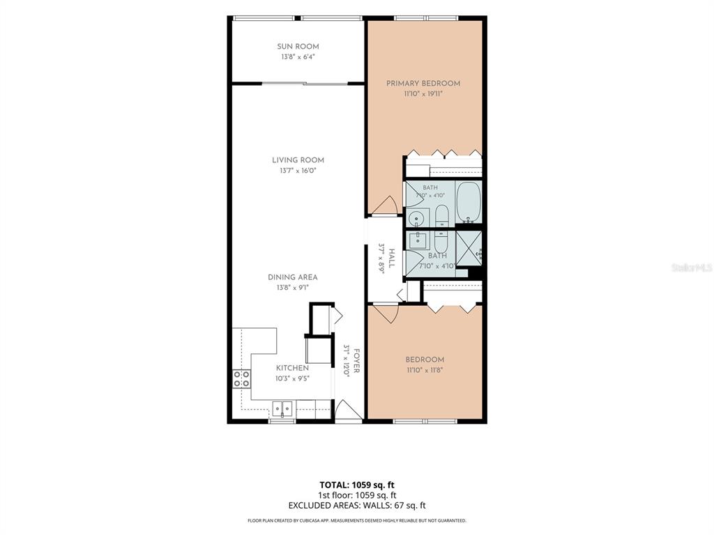 This is a floor plan for a two-bedroom, two-bathroom apartment with a sunroom and kitchen — 325 WILDER BOULEVARD UNIT A404, DAYTONA BEACH, FL