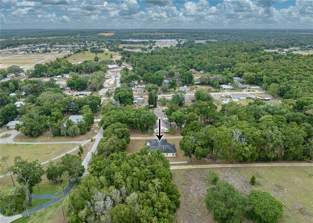 An aerial view shows a yellow house with a dark roof surrounded by dense trees — 12806 JUDY STREET, DADE CITY, FL