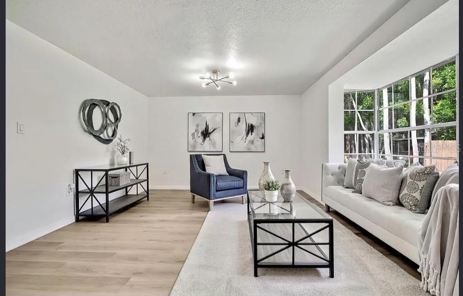 A bright living room features light wood floors, a white sofa, and a navy accent chair — 19003 CEDAR LANE, LUTZ, FL