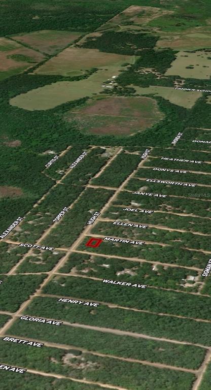 This aerial map shows a highlighted rectangular plot of land in a wooded residential area — LOT 13 MARTIN AVENUE, INTERLACHEN, FL