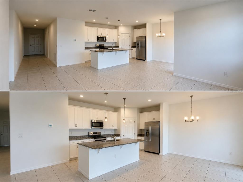 A kitchen with white cabinets, granite countertops, stainless steel appliances, and a central island — 1306 NORMANDY DRIVE, HAINES CITY, FL