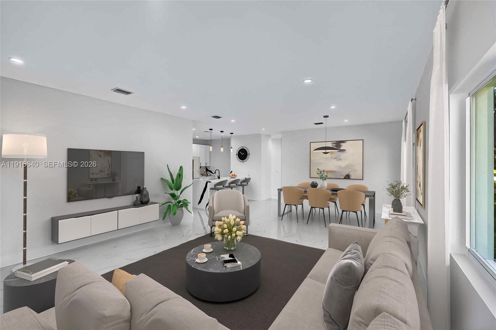 This is a digital rendering of an open-concept living and dining room with marble floors — 1346 NW 44th St, Miami FL 33142, MIAMI, FL