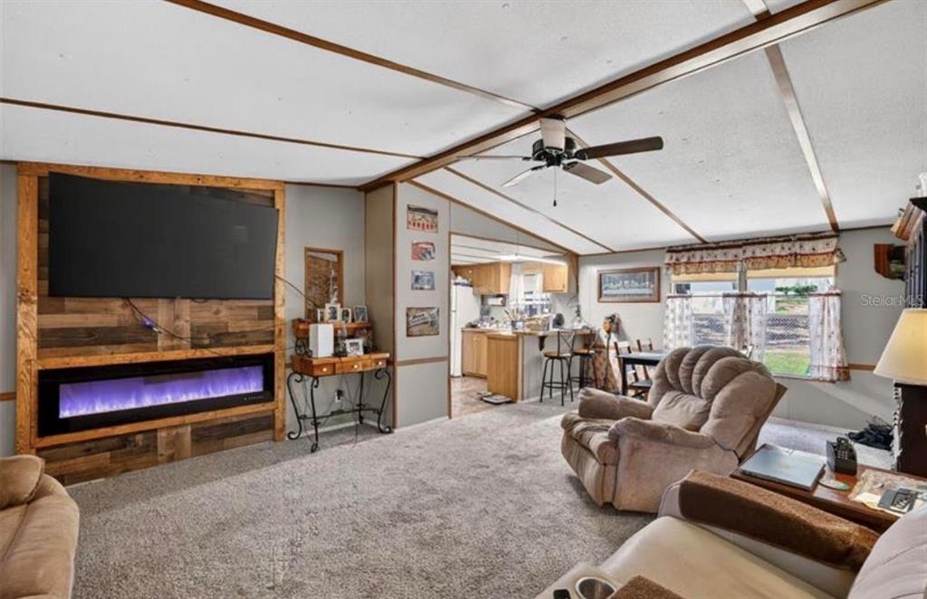 A living room with a wood-paneled fireplace wall, a large television, and carpeted flooring — 1710 INDIAN TRAIL UNIT B, LEESBURG, FL