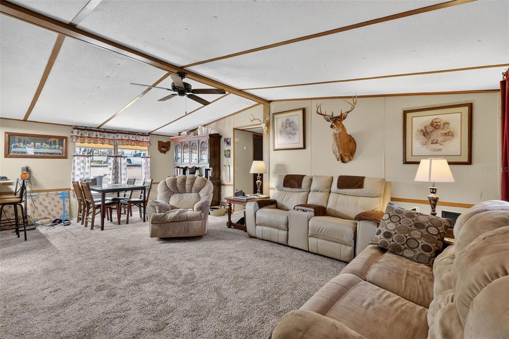 A living room and dining area featuring carpeted floors, a ceiling fan, and a deer mount — 1710 INDIAN TRAIL UNIT B, LEESBURG, FL