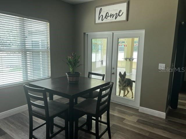 A dining area features a dark wood table, four chairs, and a dog outside — 6528 CARRINGTON SKY DRIVE, APOLLO BEACH, FL