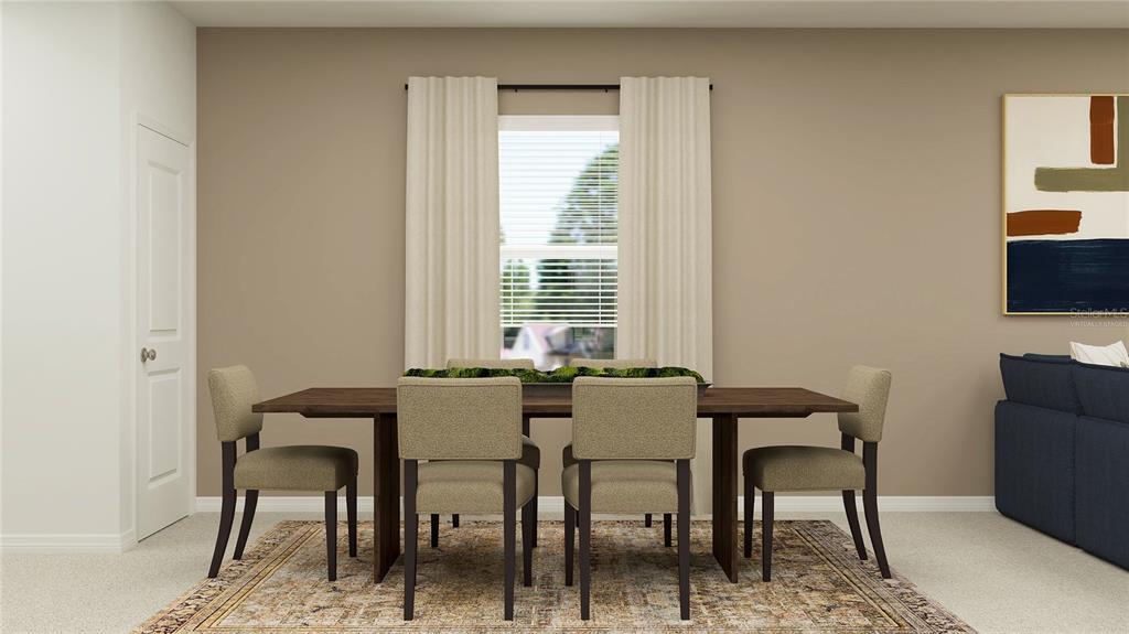 This is a virtual rendering of a dining room featuring a wooden table and four chairs — 2731 LOOKOUT RIDGE ROAD, HAINES CITY, FL