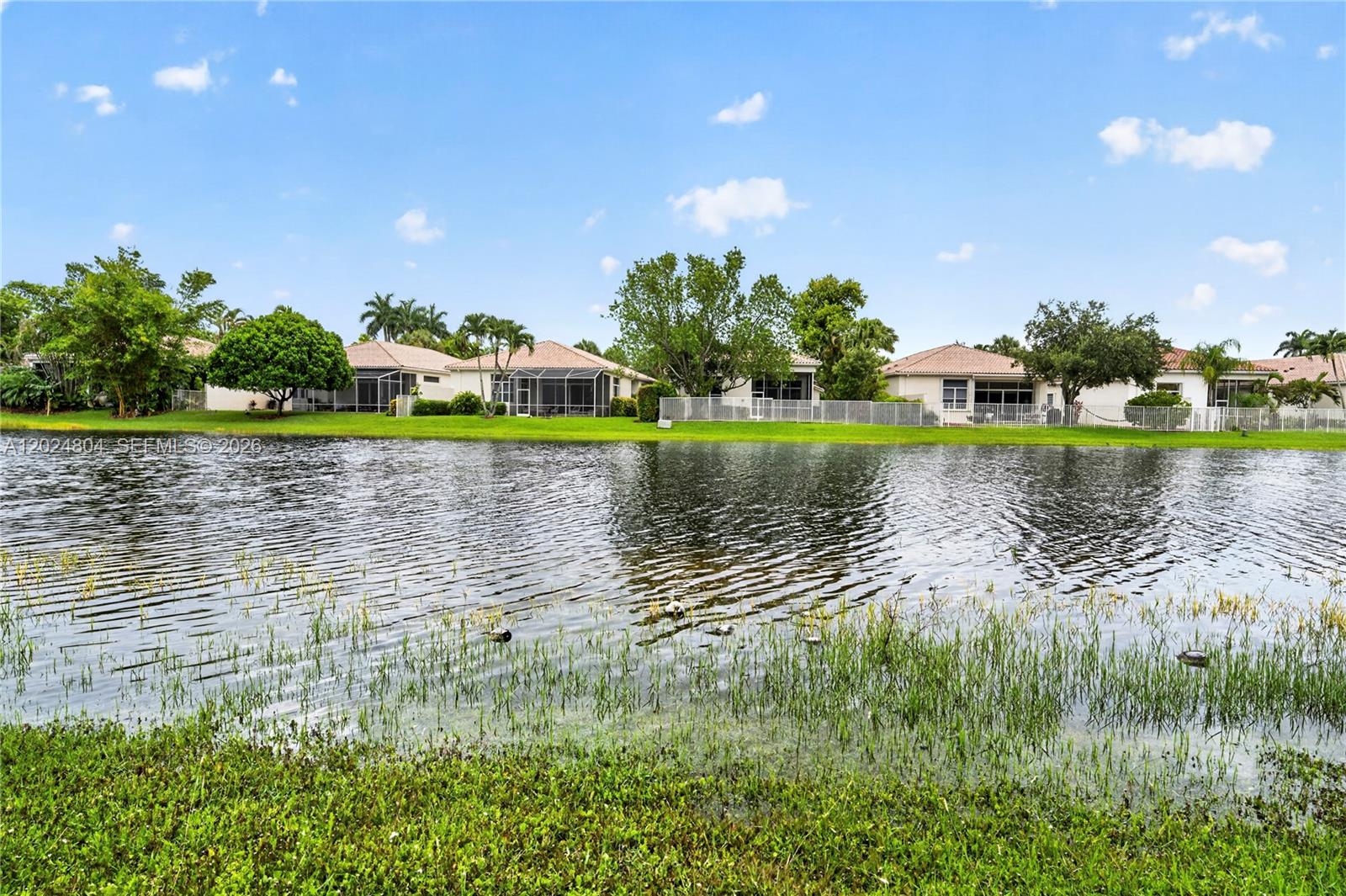 A view of a lake with grassy banks in front of several suburban houses — 2432 Deer Creek Rd, Weston FL 33327, WESTON, FL