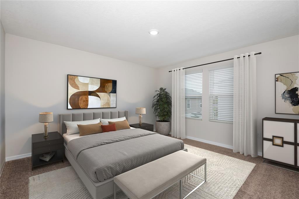 This is a digital rendering of a bedroom featuring a bed, nightstands, and window curtains — 9888 PELICAN COAST DRIVE, DADE CITY, FL