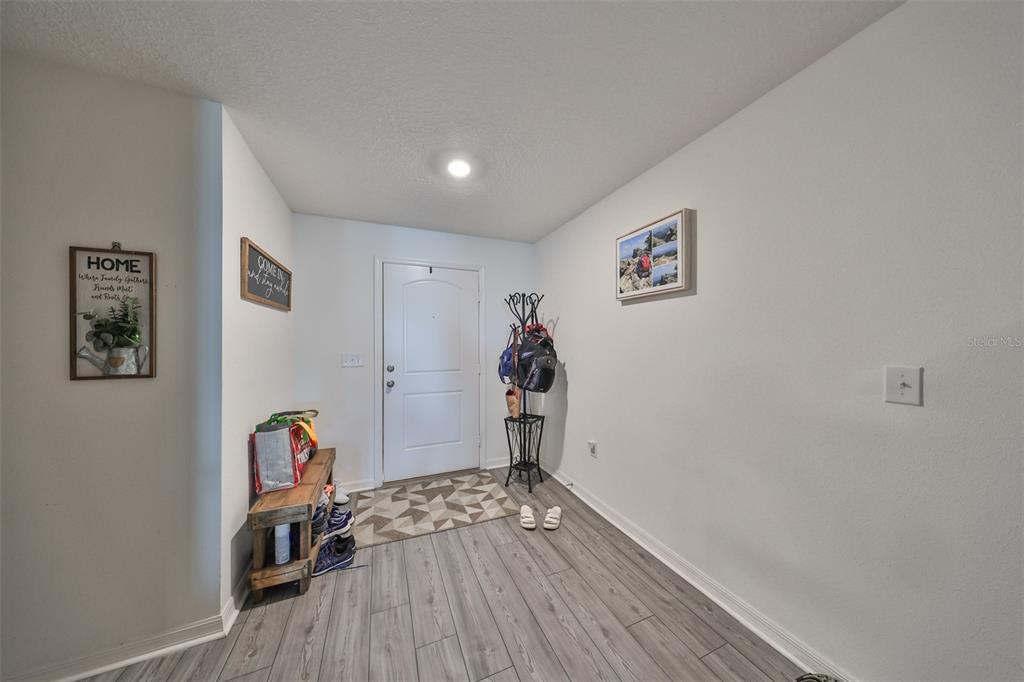 An entryway features gray wood-look flooring, a white front door, and a coat rack — 5311 NEW FRIENDSHIP PLACE, TAMPA, FL