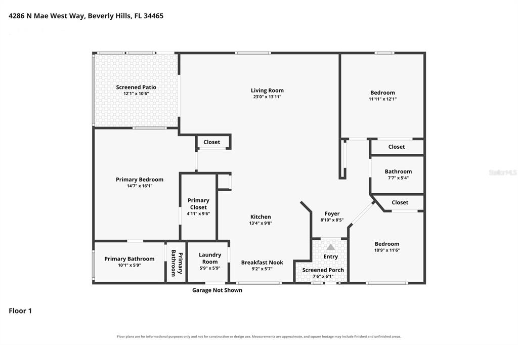 This is a floor plan for a single-story home featuring three bedrooms and two bathrooms — 4286 N MAE WEST WAY, BEVERLY HILLS, FL