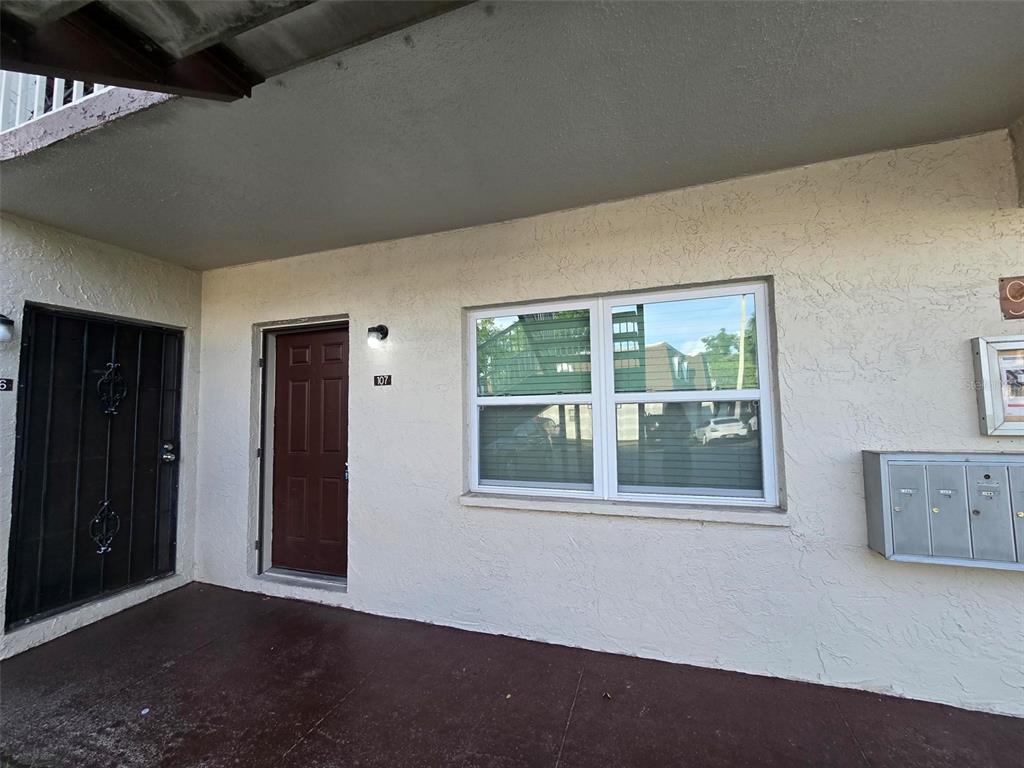 The exterior view shows a building entrance with a brown door, window, and metal mailboxes — 9009 TUDOR DRIVE UNIT G107, TAMPA, FL