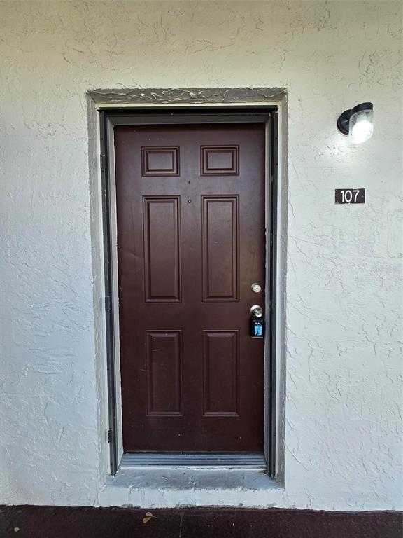 A brown six-panel front door with a lockbox is set in a white stucco wall — 9009 TUDOR DRIVE UNIT G107, TAMPA, FL