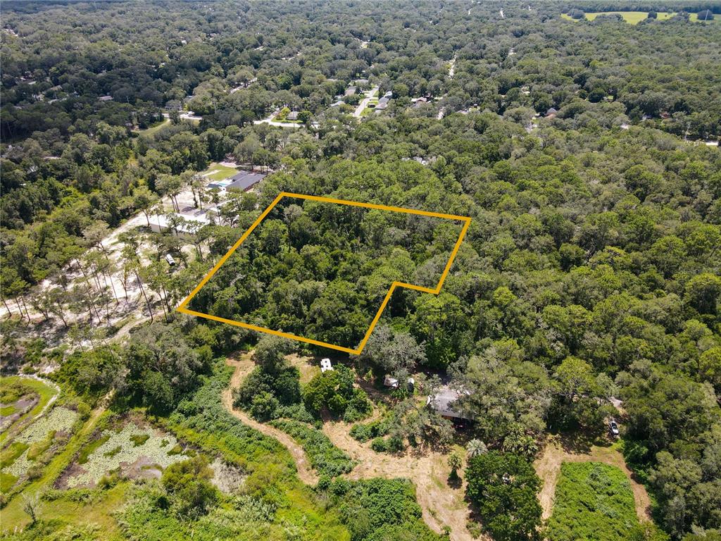 An aerial view shows a wooded lot outlined in yellow near a residential area — BLUE RIDGE AVENUE, ORANGE CITY, FL