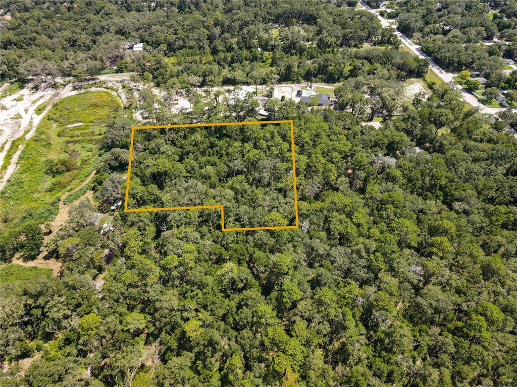 An aerial view shows a rectangular plot of land outlined in yellow amidst dense forest — BLUE RIDGE AVENUE, ORANGE CITY, FL