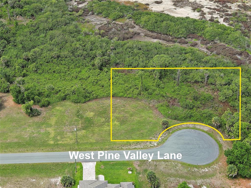 An aerial view shows a vacant, partially wooded residential lot bordering a cul-de-sac — 171 W PINE VALLEY LANE, ROTONDA WEST, FL