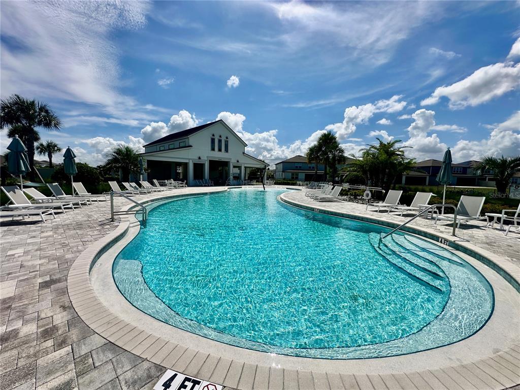 A curved swimming pool with lounge chairs on a stone deck under a blue sky — 1066 SILVERLAKE BOULEVARD, LAKE ALFRED, FL