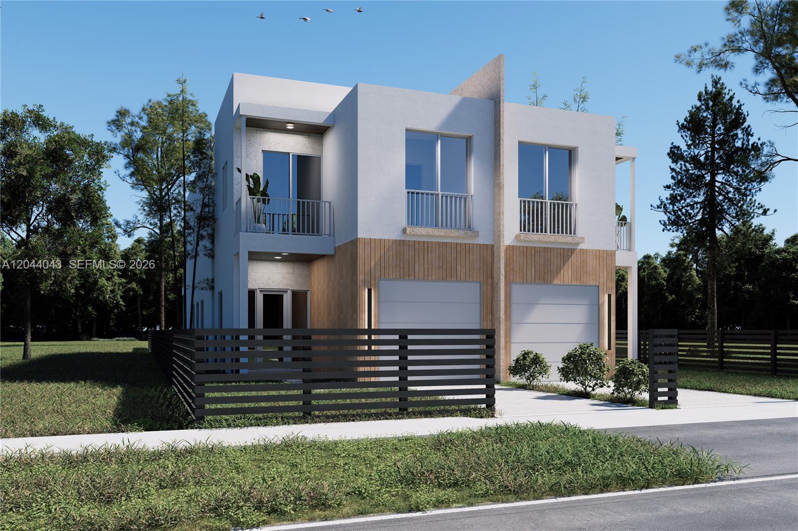 This is a digital rendering of a modern two-story duplex with wood-paneled garages — 3121 SW 23rd St, Miami FL 33145, MIAMI, FL