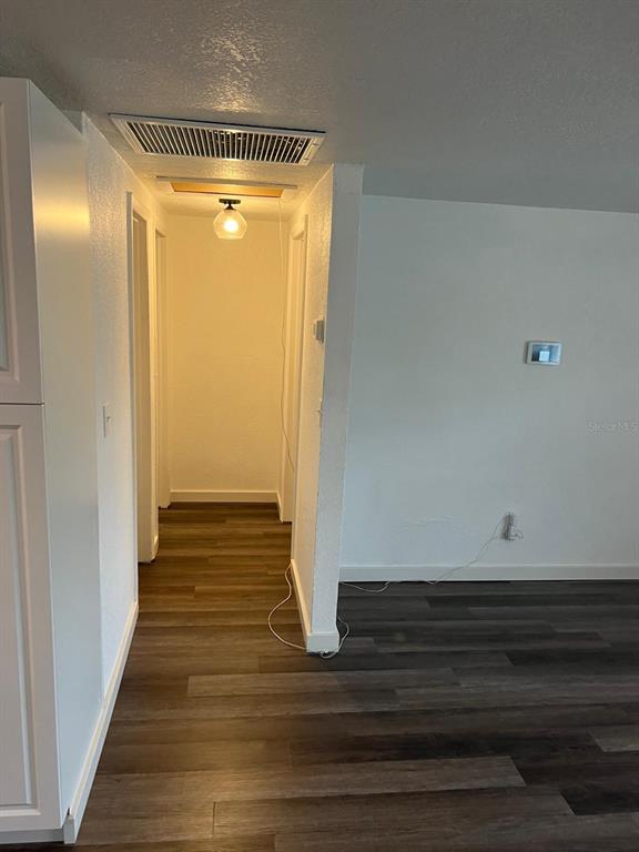 A hallway with wood-look flooring leads to a lit room, adjacent to a living area — 10702 N 14TH STREET UNIT 2, TAMPA, FL
