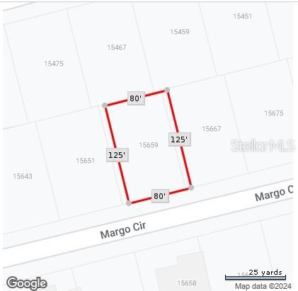 This is a map showing the rectangular property boundaries and dimensions of a residential lot — 15659 MARGO CIRCLE, PORT CHARLOTTE, FL