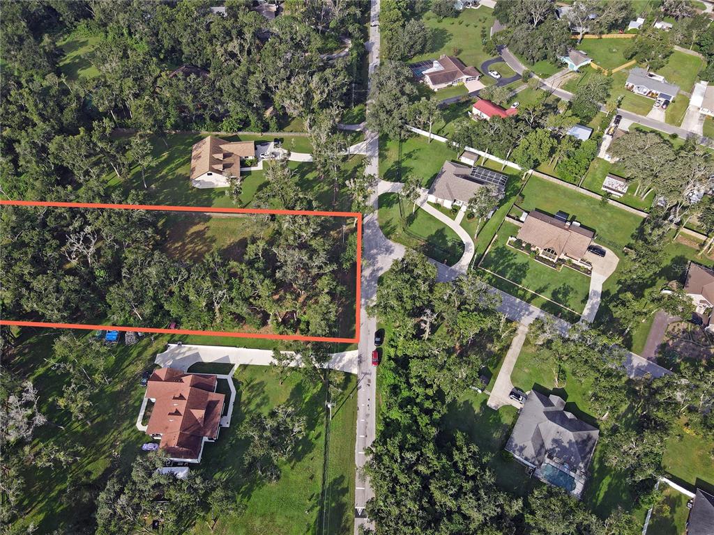 An aerial view shows a rectangular, tree-covered vacant lot outlined in red next to a road — 35174 ROTH LANE, DADE CITY, FL
