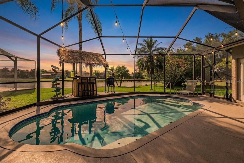 A screened-in pool patio features a tiki bar, a grill, and a view of a lake — 15922 MUIRFIELD DRIVE, ODESSA, FL